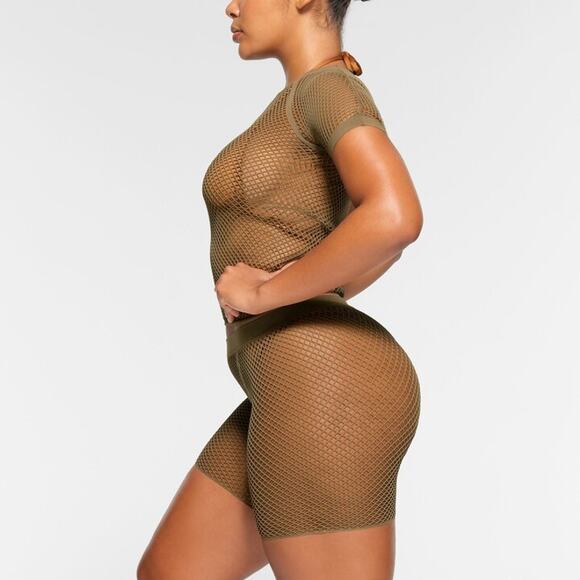 Skims Shorts‎ Plus 2X-4X Warp Knit Cover Up Swim Seamless Perforated Army Green - Picture 2 of 11